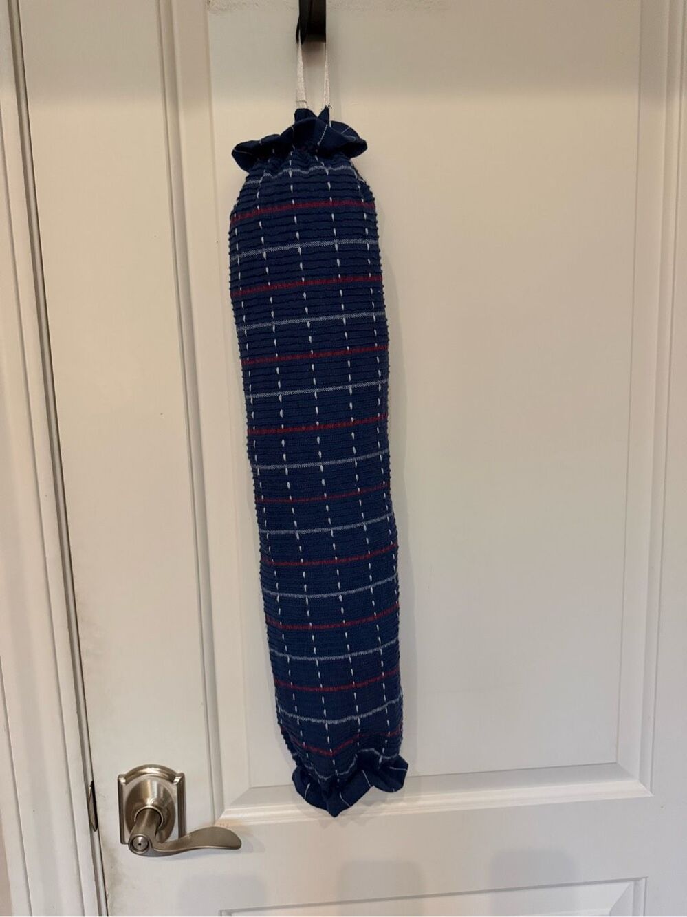 Handmade Plastic Bag Holder-blue towel red/white stripes